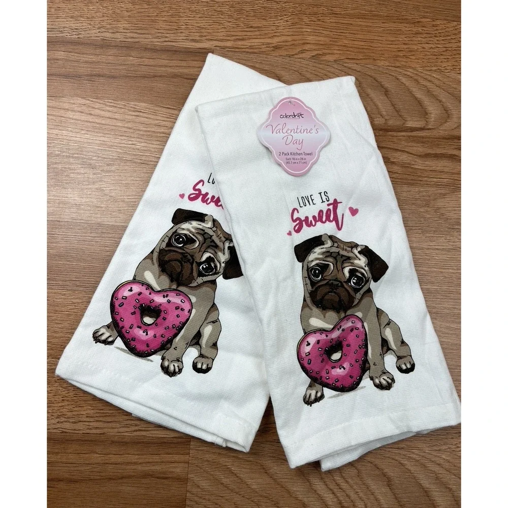 Valentine's Day PUG Dog Set of 2 Kitchen‎ Dish Towels 18